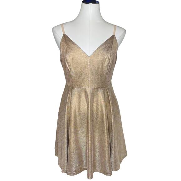 Lulus Lookout Weekend Sparkly Gold Skater Dress size Large - Picture 2 of 11